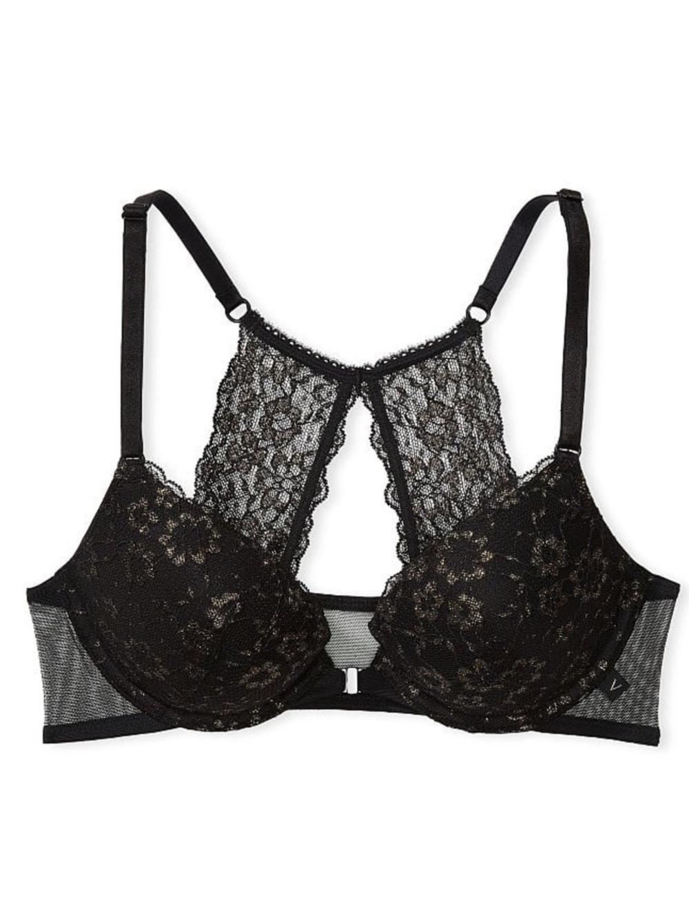 Victoria's Secret Black Lace Racerback Push-Up Bra with Subtle Shimmer